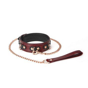 Кожаный ошейник с поводком Liebe Seele Wine Red Collar and Leash, 3 кольца для крепления 2091939388 фото