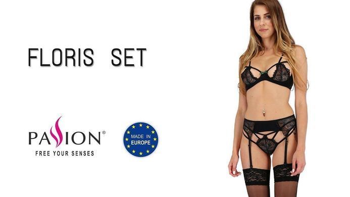 Комплект білизни FLORIS SET black S/M - Passion Exclusive: ліф, трусики, пояс для панчох Feromon 1259134032 фото