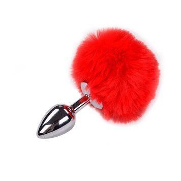 Металлическая анальная пробка Кроличий хвостик Alive Fluffy Plug S Red, диаметр 2,8 см 1670995864 фото