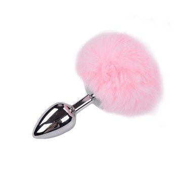 Металлическая анальная пробка Кроличий хвостик Alive Fluffy Plug M Pink, диаметр 3,4 см 1670995866 фото