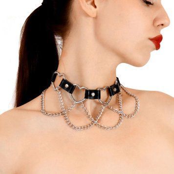 Чокер с сердцами и цепочками Art of Sex - Freya, натуральная кожа, цвет черный 2253433628 фото