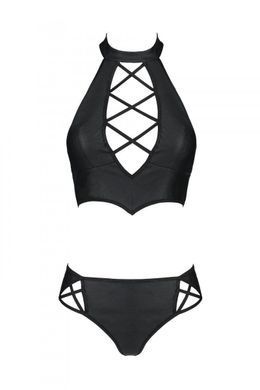 Комплект з еко-шкіри: бра і трусики з імітацією шнурівки Nancy Bikini black L/XL - Passion Feromon 1543861712 фото