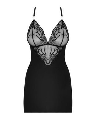Сатиновый комплект для сна с кружевом Obsessive 828-CHE-1 chemise & thong S/M, черный, сорочка, стри 1748888845 фото