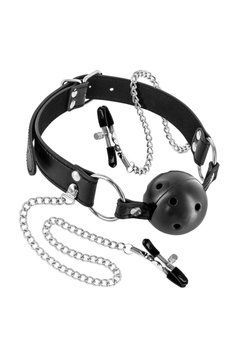 Воздухопроницаемый кляп с зажимами для сосков Fetish Tentation Rigid Gag Ball with Nipple Clamps 1330752885 фото