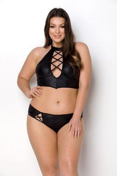 Комплект из экокожи Passion NANACY BIKINI 4XL/5XL black, бра и трусики с имитацией шнуровки 1734158780 фото